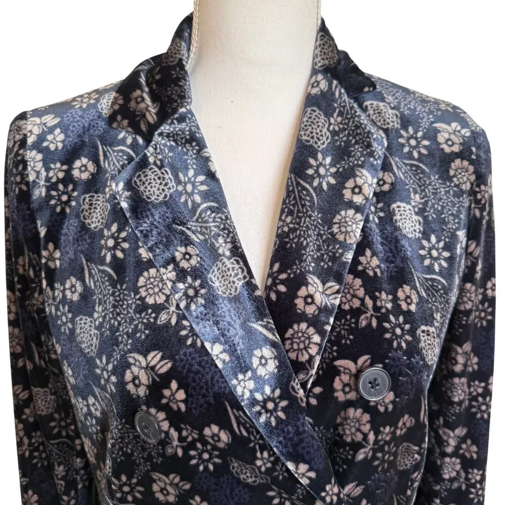 Carolina Belle Montreal Velvet Blazer XS Navy Blue Beige Floral Double Breasted